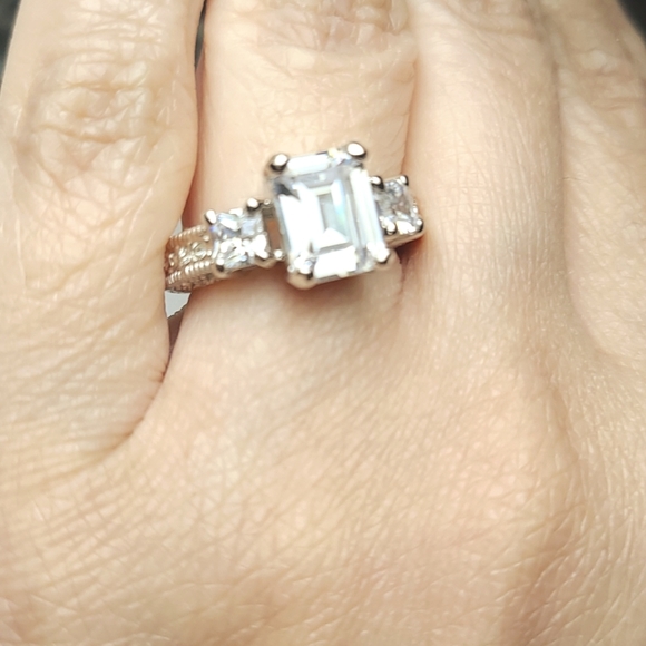 WGP Emerald Cut 3 Stone AAA CZ Engagement Ring - Picture 3 of 7